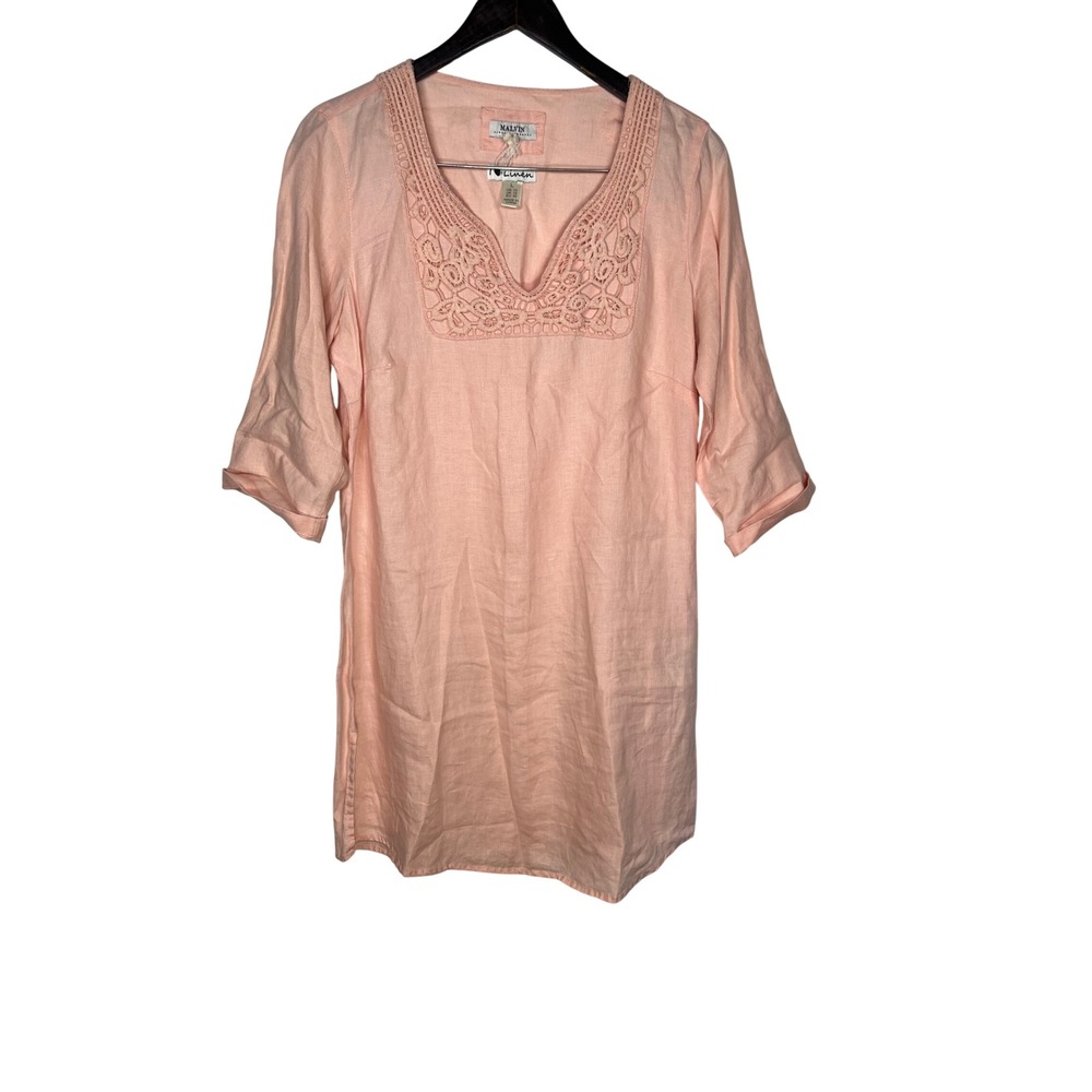 Malvin Hamburg Germany Boho Peach Linen Crochet Lace Tunic Dress Sz 10